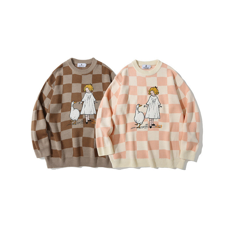Man Fall Outfits Color Matching Plaid round Neck Sweater Men's and Women's Loose Couple Pullover Sweater