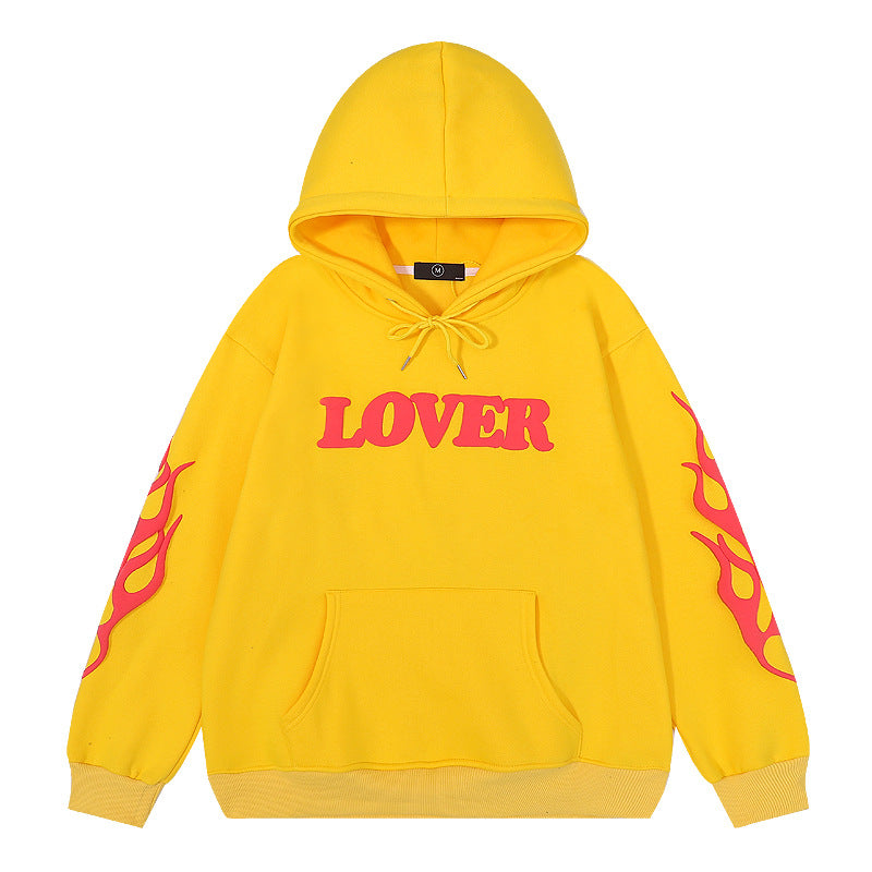 Kanye West Sunday Service Hoodie Autumn And Winter Lover Letter Three-Dimensional Flame Puff Print Velvet Padded Hooded Sweatshirt