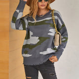 Women Pullover Knit Sweater Ripped Tassel Sweater Women's Autumn and Winter Knitwear Camouflage Sweater