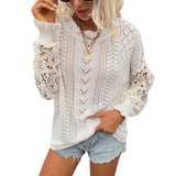 Women Pullover Knit Sweater Autumn and Winter Lace Splicing Knitwear Hollow out Sweater Women