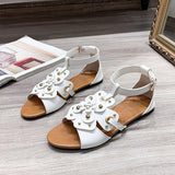 Women Open Toe Sandals Flats Summer Square Heel Flat Large Size Buckle Flower Cutout Casual Sandals