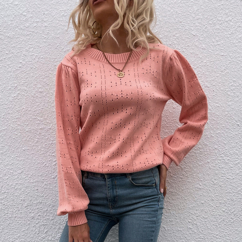 Women Pullover Knit Sweater Autumn and Winter Solid Color Lantern Sleeve Hollow out Sweater Women