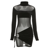 Music Festivals Rave Outfits Dress Autumn and Winter Women's round Neck Long Sleeve Fashion Sexy See-through Slim Dress