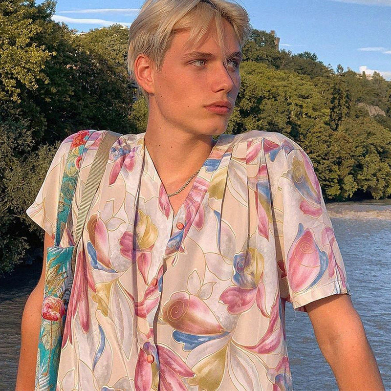 Rave Outfits Men T Shirt Casual Drape Flower Shirt