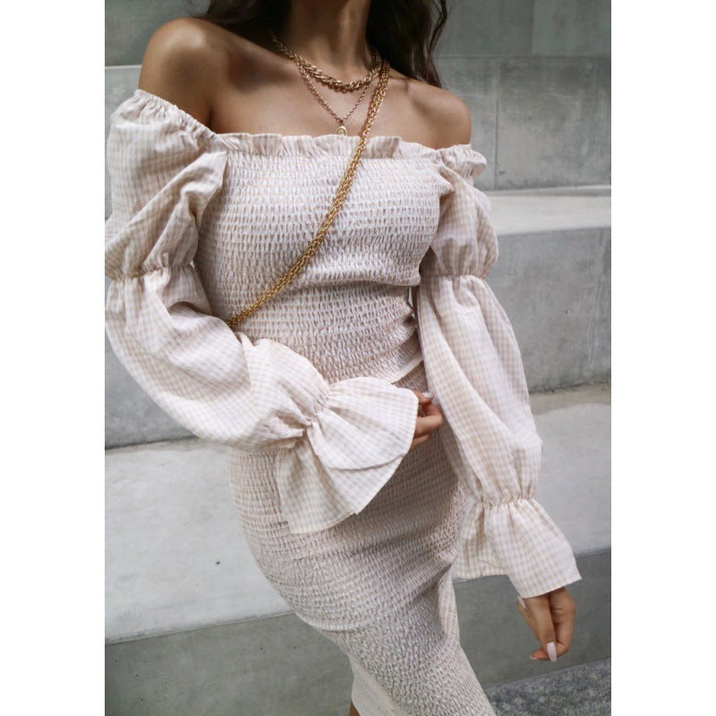 Skin Tight Long Dresses Women's Clothing Sexy off-the-Shoulder Long Sleeve Slim Fit