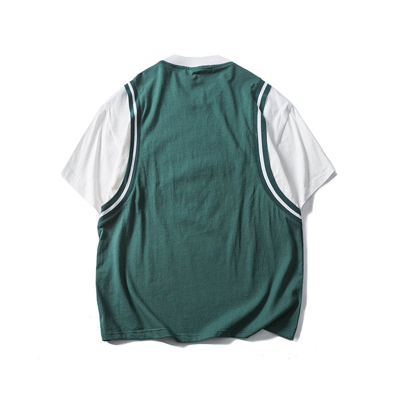 Men T Shitrs Letter Printing Round Neck False Two Pieces Ball Uniform