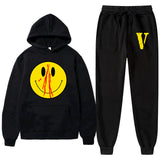 Vlone Hoodie & Pants 2 Piece Men'S Spring And Autumn Print Smiley Pullover Sweater