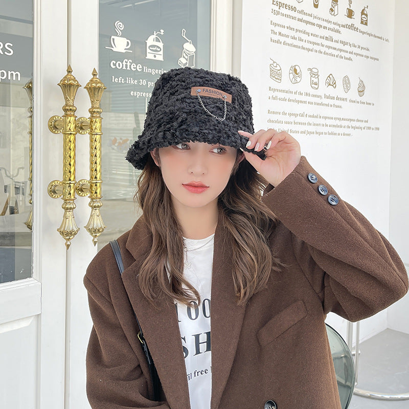 Vintage Check Bucket Hat Letter Lamb Wool Bucket Hat