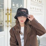 Vintage Check Bucket Hat Letter Lamb Wool Bucket Hat