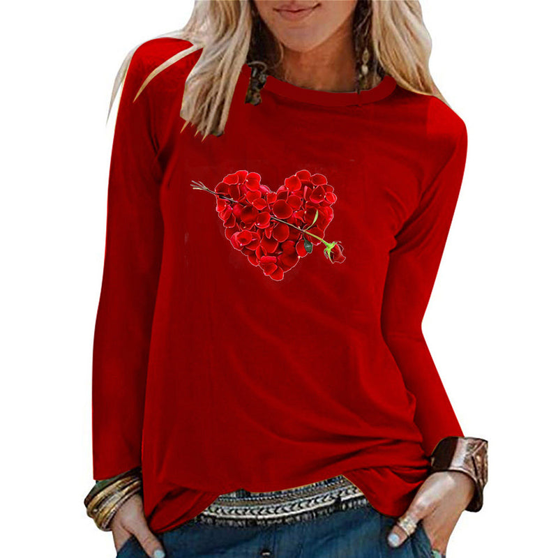 Valentine's Day T Shirt Solid Color Long Sleeve Autumn Long Sleeve Rose Petals Love Heart