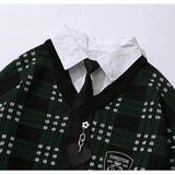 Men Sweater Fake Two-Piece Plaid Sweater Men's Pullover