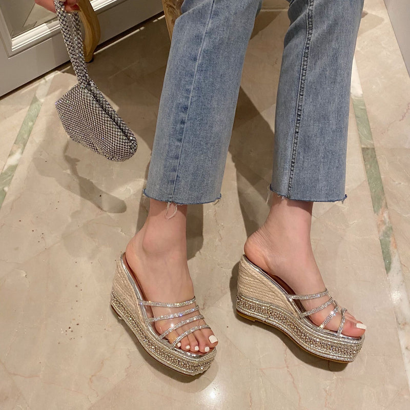 Platform Heels for Women Sequins Cross Transparent Slippers