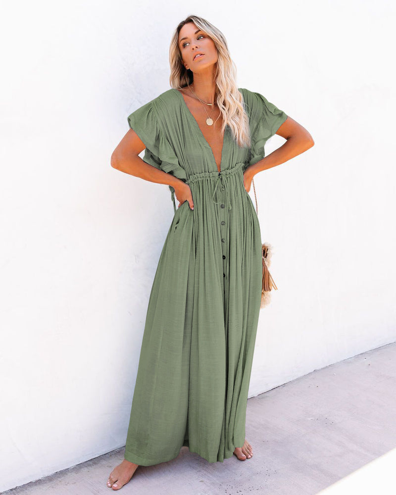 Emerald Green Dress Beach Cover-up Slubbed Fabric Button Draw Waist Strap