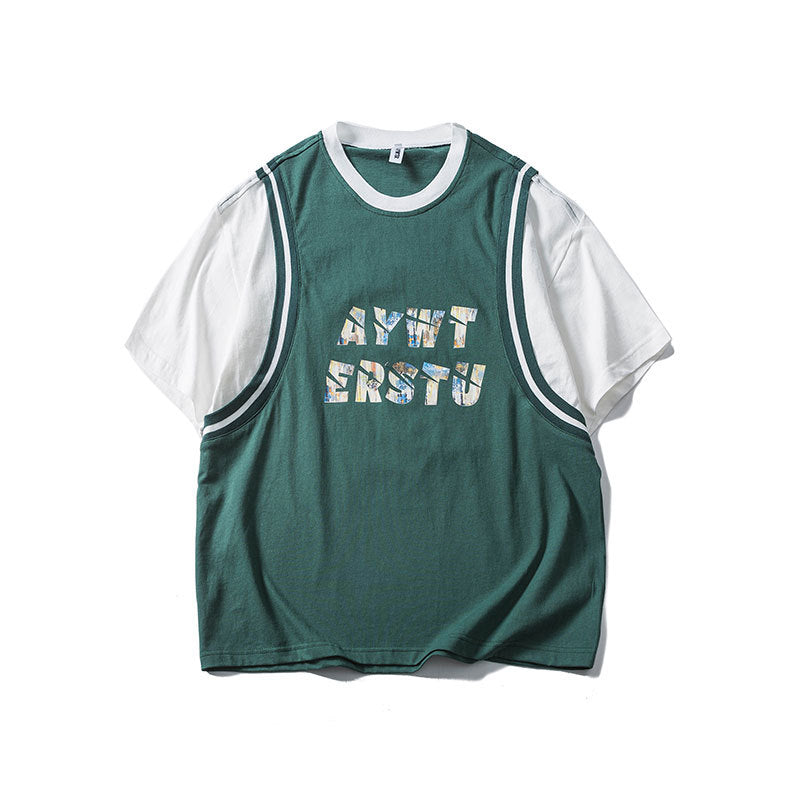 Men T Shitrs Letter Printing Round Neck False Two Pieces Ball Uniform