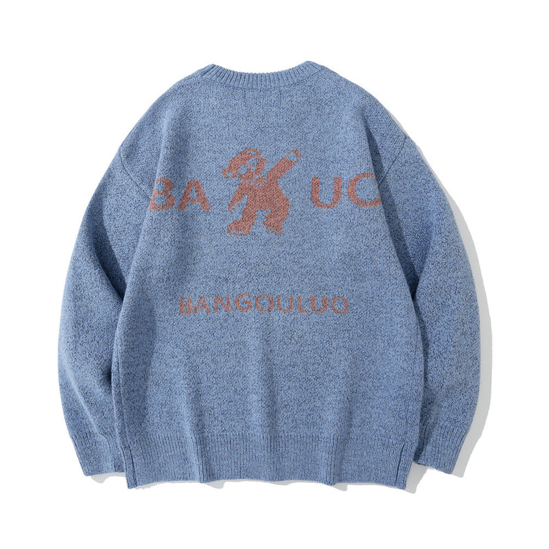 Men Sweater Cartoon Jacquard Sweater Men's Loose round Neck Pullover