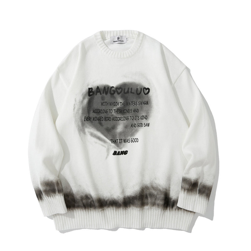 Men Sweater Heart Letter Printed Knitwear Men Loose Pullover