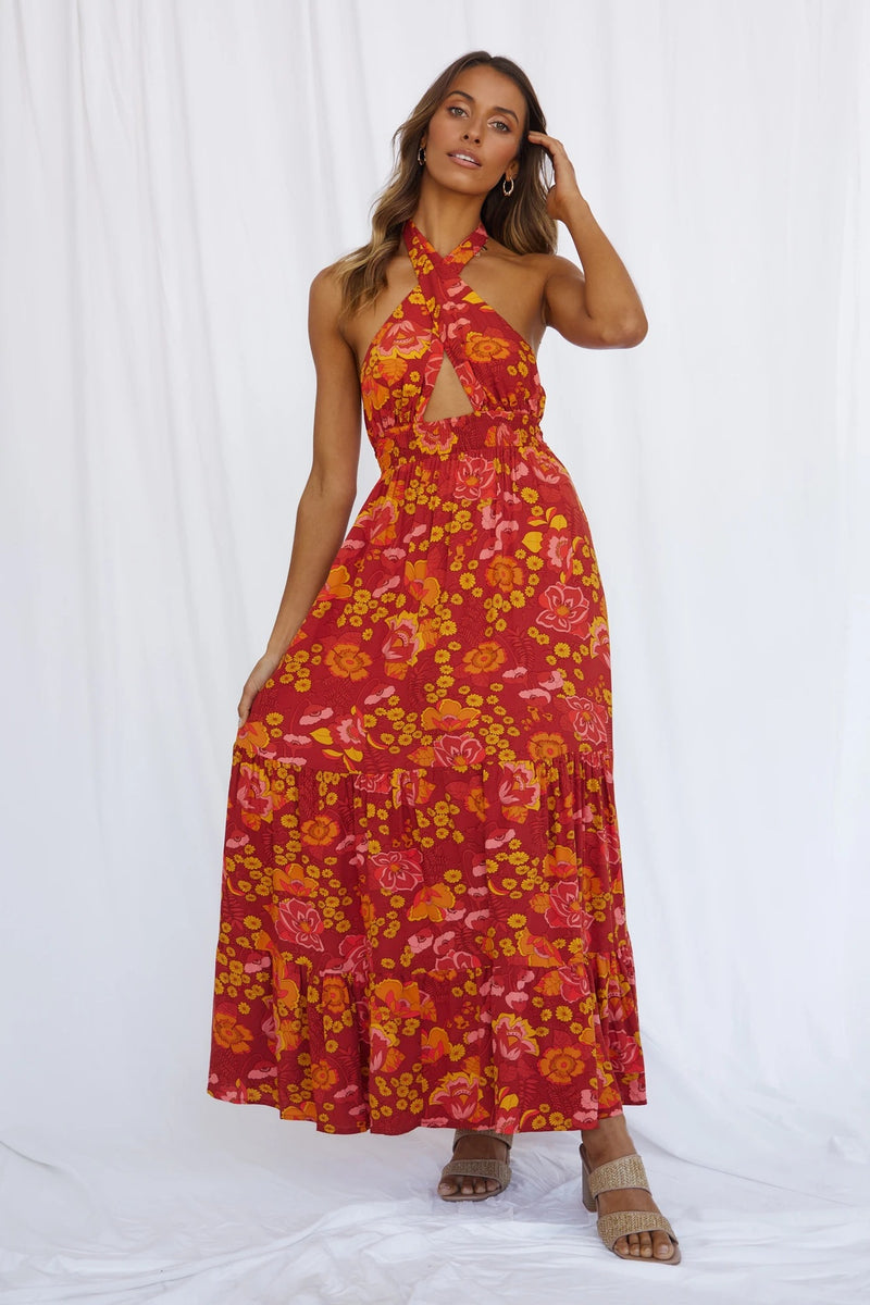 Nine Britton Dress Sexy Lace-up Halter Split Print Holiday