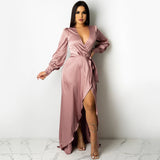 Kendall Jenner Wedding Guest Dress Fashion Sexy Solid Color Women's Deep V Tied Long Sleeves Split Bohemian