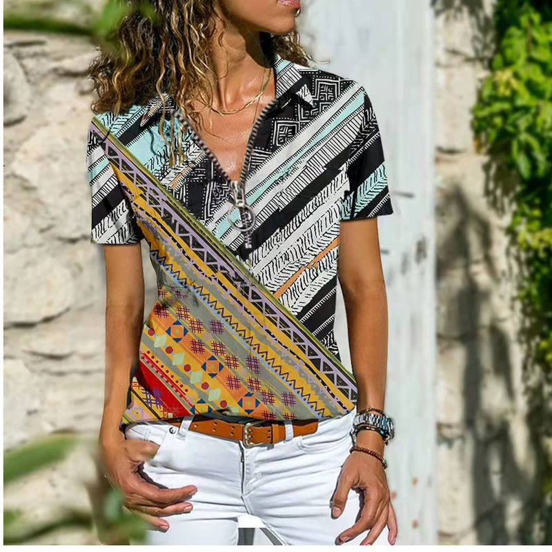 Romanian Gypsy Outfits Zipper Top T-shirt with Short Sleeves Women