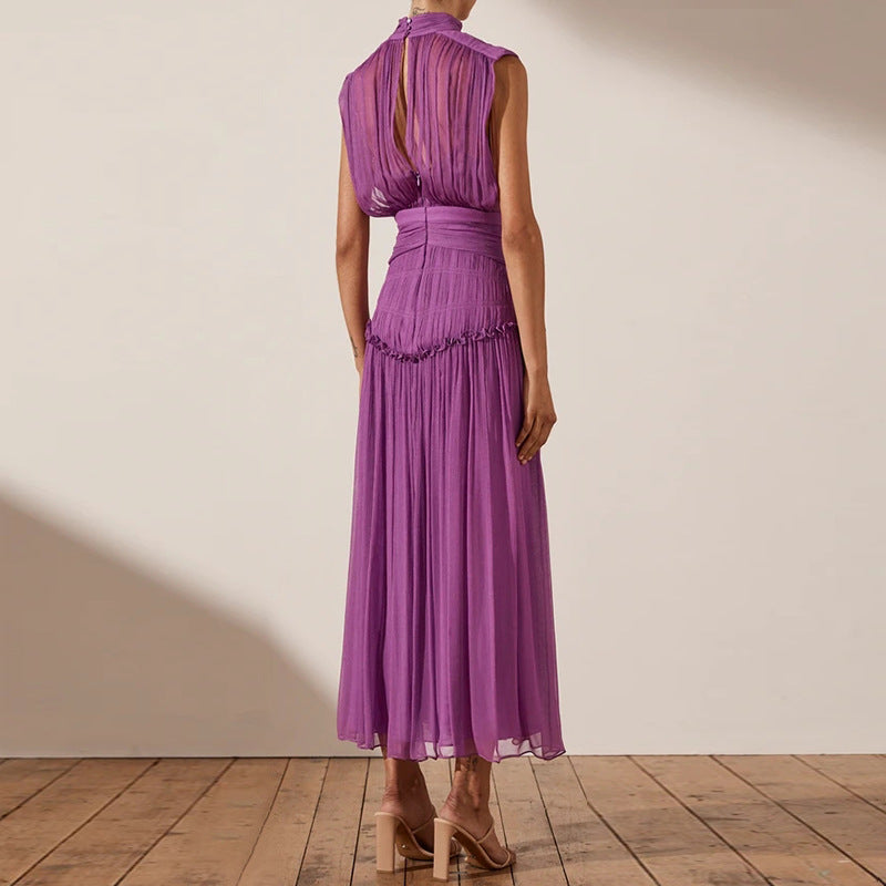 Mauve Dress Women's Autumn Chiffon Small Stand Collar Solid Color Stitching Dress