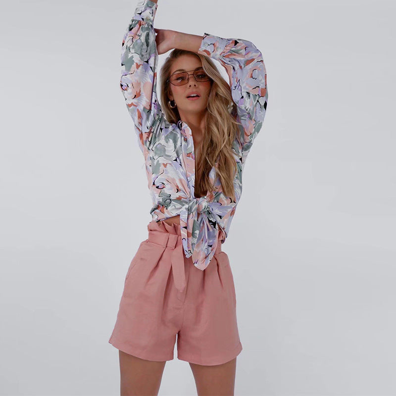 Coachella Music Festival Outfits Spring/Summer Lapel Long Sleeve Shirt Chiffon Print Casual Loose Top