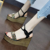 High Heels Slippers Bohemian Sandals Summer Fashion Printing Mesh Platform High Heels