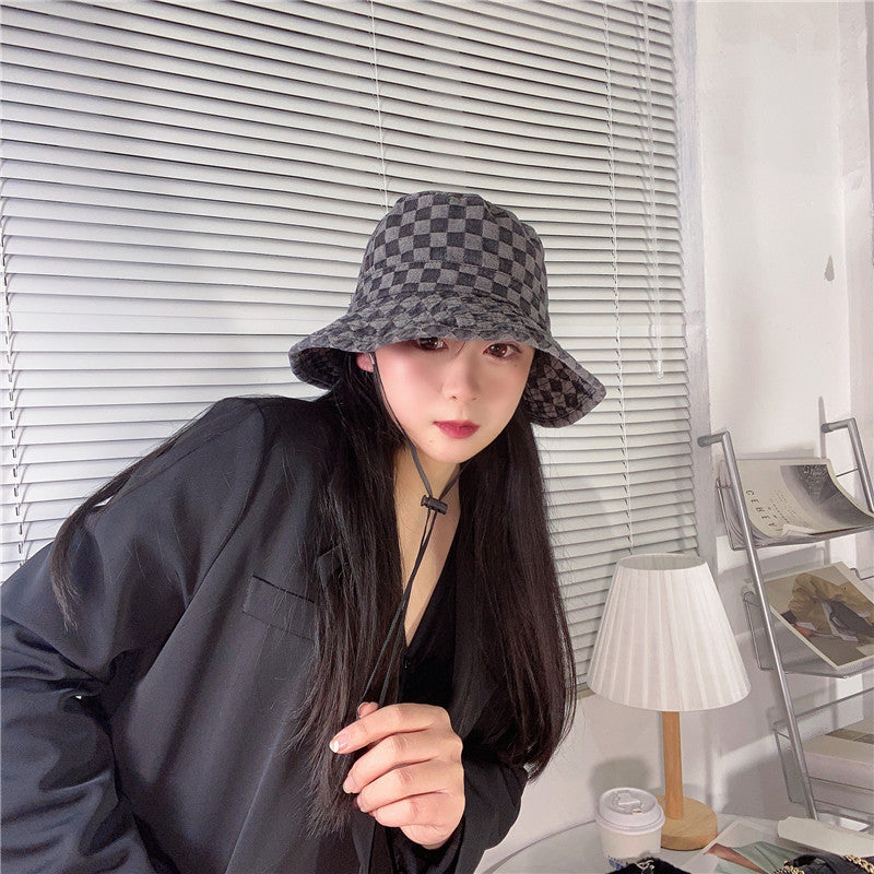 Women Bucket Hat Chessboard Denim Fisherman Sun-Proof Basin Hat