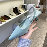 Nude Low Block Heel Pointed Toe Shallow Mouth Back Strap Thin Mid Heel