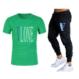 Vlone T Shirts & Pants 2 Piece Set Men'S Suit Summer T-Shirt Short Sleeve Trousers Sports And Leisure