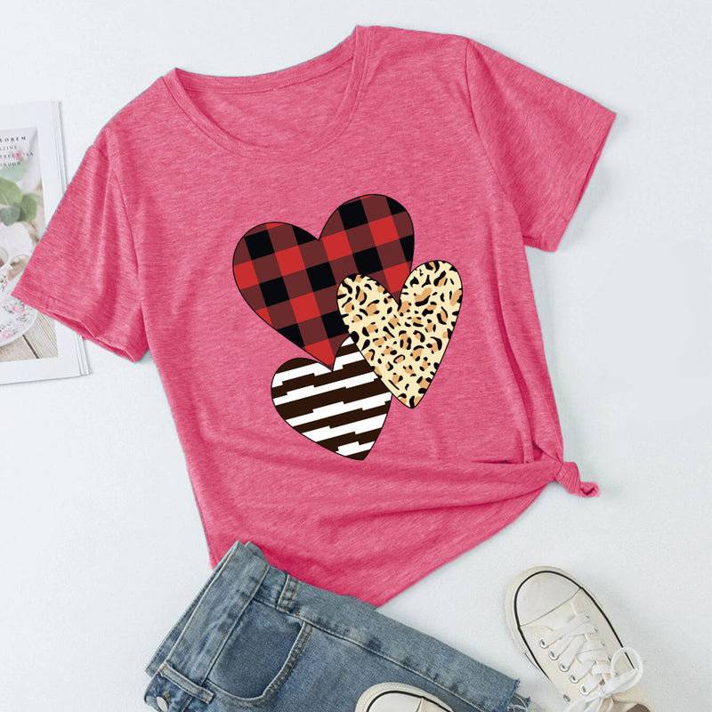 Valentine's Day T Shirts Couples Autumn Leopard Plaid Pullover Short Sleeve T-shirt