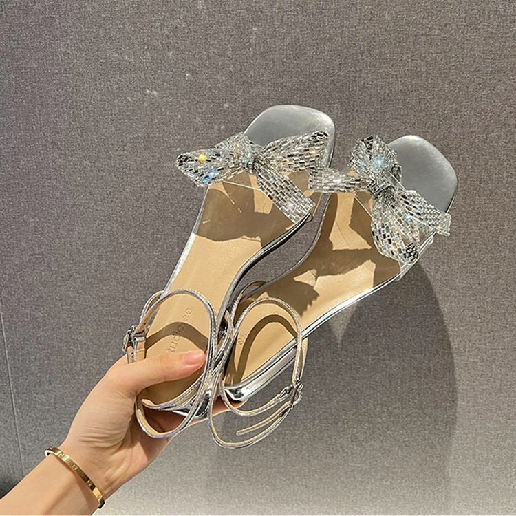 Nude Low Block Heel Rhinestone Bow Square Head
