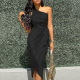 Taffeta Dress Long Dress Slant Shoulder Belt Slim Satin Dress