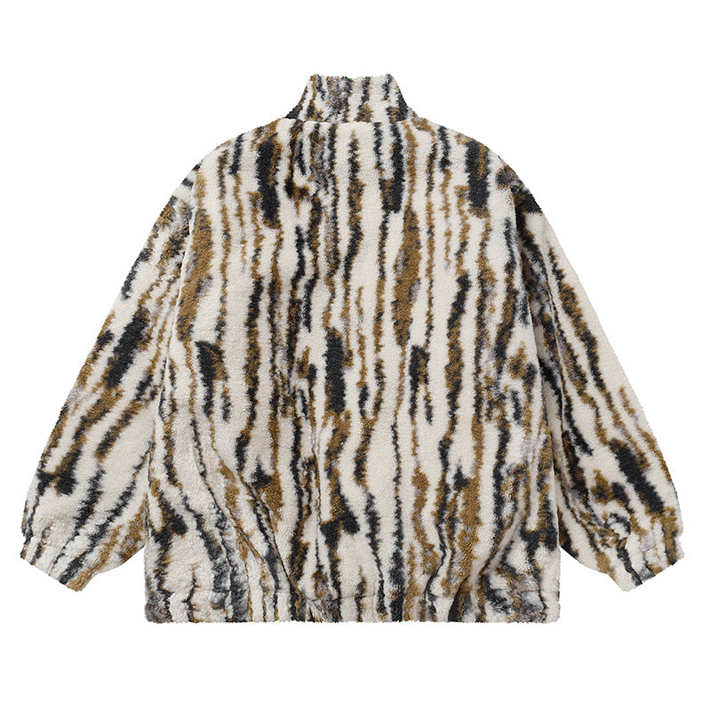 Cardigan Baseball Jacket Autumn and Winter Stand Collar Animal Pattern Lamb Wool Coat