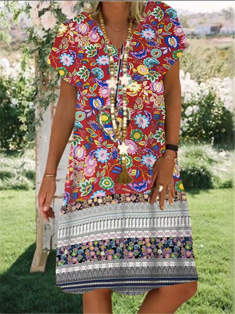 Gypsy Style Dresses Pastoral Floral Print Loose V-neck