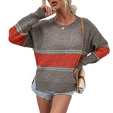 Women Pullover Knit Sweater Autumn and Winter Contrast Color Striped Split Sweater