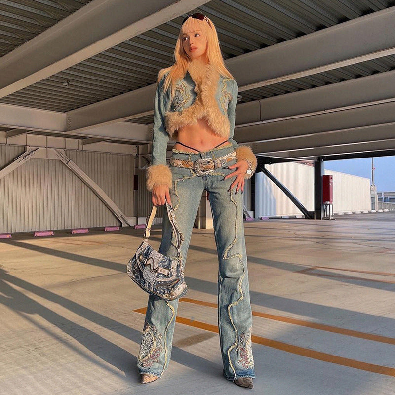 Julia Fox Low Rise Jeans Fashion Irregular Raw Hem Stitching Low Waist distress Embroidered Straight Jeans Casual Trousers