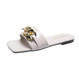Women Open Toe Sands Flats Summer Metal Flat Ankle-Strap Sandals Fashion Flat-Heeled Slippers