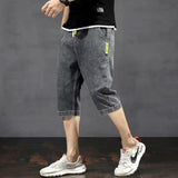 Men Denim Shorts Summer Thin Slim Cropped Pants Ripped Eagle Head Embroidery