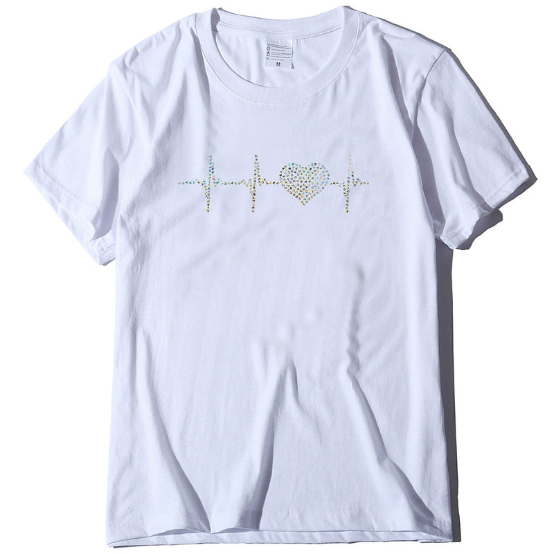 Valentine's Day T Shirt ECG Heart-Shaped Rhinestone Summer Large Size Top