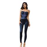 Autumn Sexy Suspenders Color Contrast Patchwork High Waist Tight Casual Sports Jumpsuit