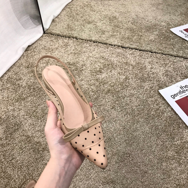 Nude Low Block Heel Flat Bag Bow