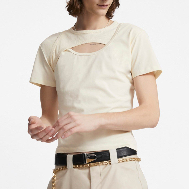 Rave Outfits Men T Shirt Hollow Short Sleeve Simple Solid Color