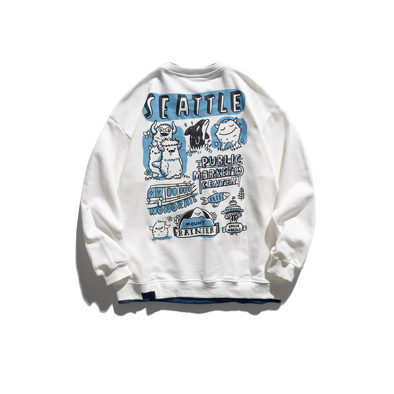 Man Fall Outfis Autumn Clothing Creative Printing False Two-Piece Sweaters Men's Loose Couple Casual Pullover