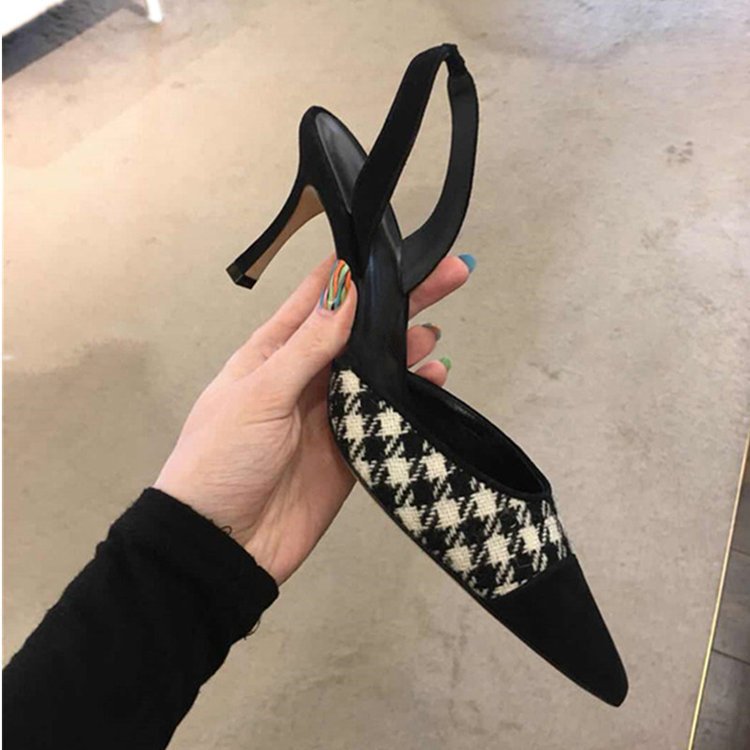 Nude Low Block Heel Pointed Stiletto Plaid