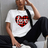 Valentine's Day T Shirt Love Letter Color Plaid Printed Pullover Short Sleeve Women's T-shirt