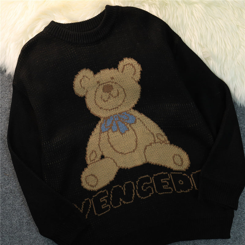 Men Sweater Cartoon Bear Brocade Sweater Men's Street Fashion Loose Long Sleeve