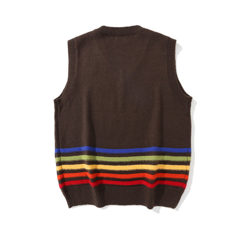 Men Sweater Vintage Rainbow Striped Sweater Vest Men's Coat