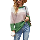 Women Pullover Knit Sweater Autumn And Winter Women 'S Striped Stitching Contrast Color Knitwear