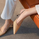 Nude Low Block Heel Pointed-Toe Metal Chain Stiletto Heel