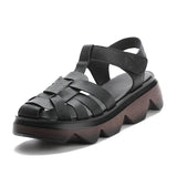 Highway Flat Sandals Summer Sandals Muffin Bottom Velcro Hand-Woven Genuine Leather Roman Shoes
